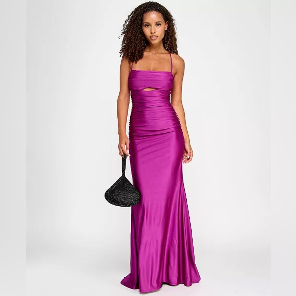 City Studios Juniors' Power-Stretch Cut-Out Draped Purple Gown